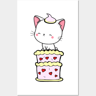 Funny white cat jumping out of a cake Posters and Art